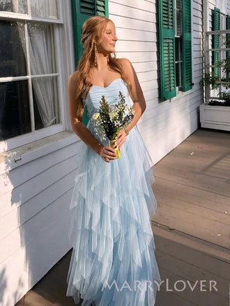 Simple Sweet Heart Blue Tulle A-line Long Evening Prom Dresses, MR9540