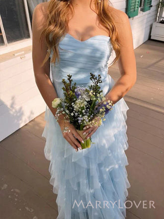 Simple Sweet Heart Blue Tulle A-line Long Evening Prom Dresses, MR9540