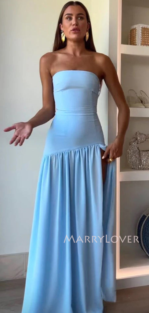 Simple Blue Chiffon Long Evening Prom Dresses, Strapless Prom Dress, MR9546