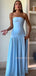Simple Blue Chiffon Long Evening Prom Dresses, Strapless Prom Dress, MR9546