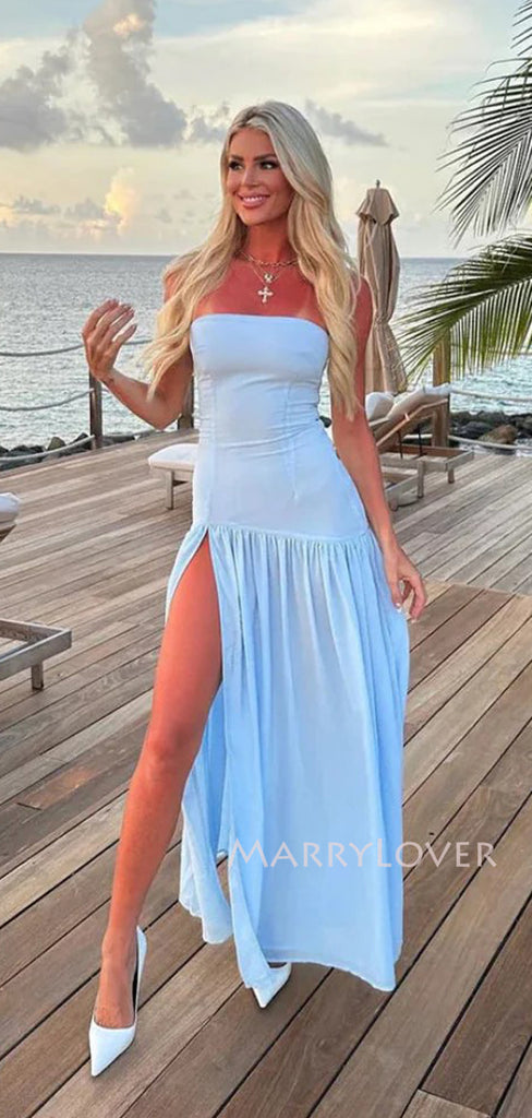 Simple Blue Chiffon Long Evening Prom Dresses, Strapless Prom Dress, MR9546