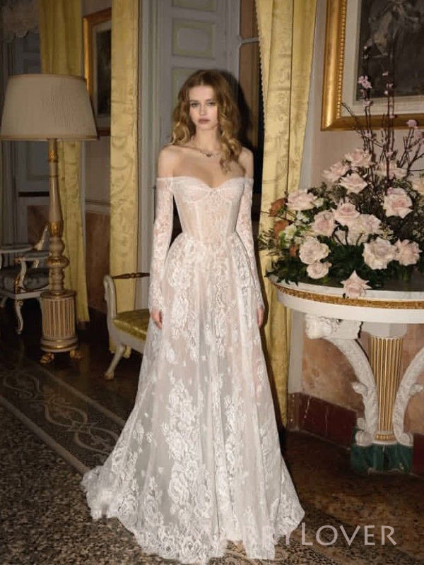 Formal Off Shoulder Long Sleeves A-line Lace Long Wedding Dresses, MR9552