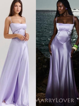 Gorgelos Purple Satin Spaghetti Straps Long Evening Prom Dresses, MR9553