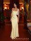 Simple Spaghetti Straps Light Yellow Satin Long Evening Prom Dresses, MR9555