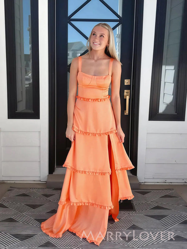 Floor-length Straps Satin Side Slit Long Evening Prom Dresses, MR9558