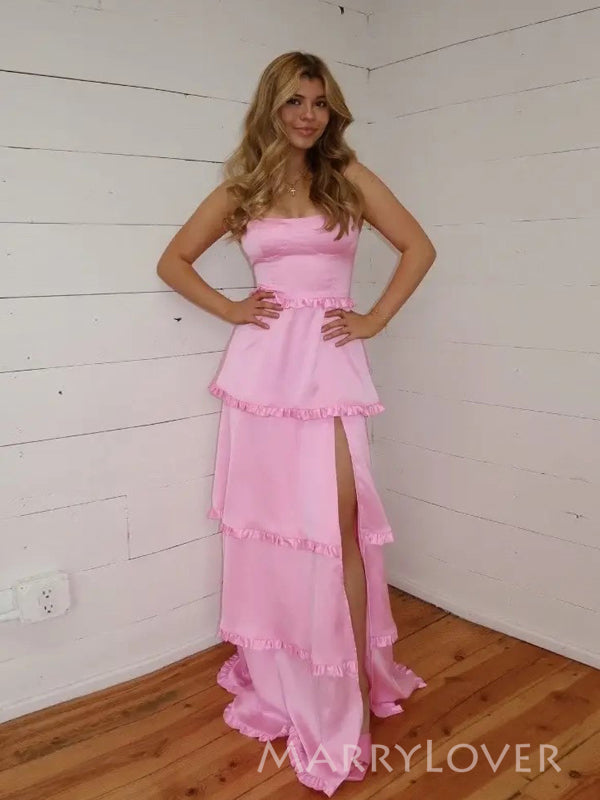 Floor-length Straps Satin Side Slit Long Evening Prom Dresses, MR9558