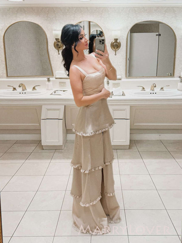 Floor-length Straps Satin Side Slit Long Evening Prom Dresses, MR9558