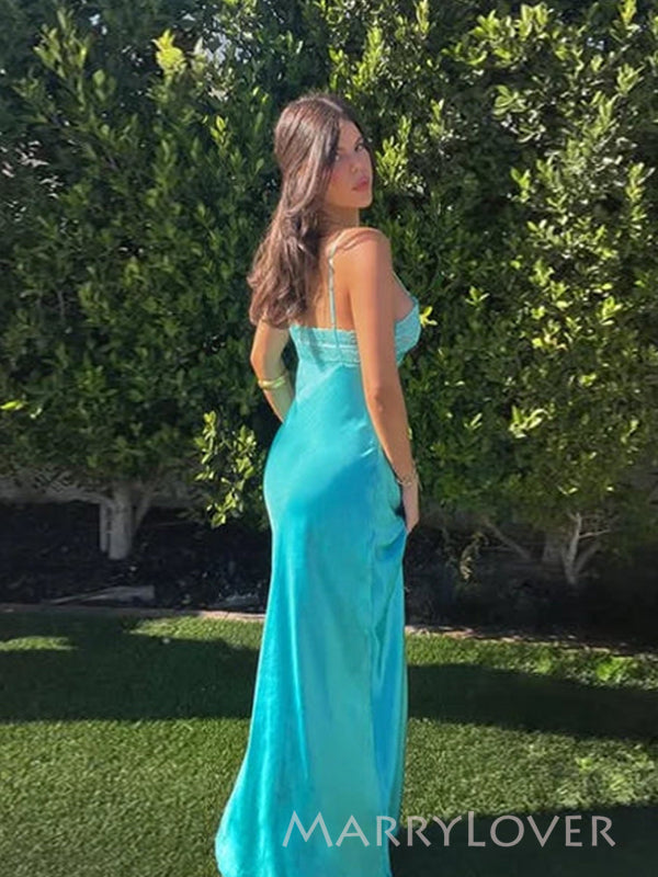 Elegant Spaghetti Straps Blue Long Evening Prom Dresses, MR9559