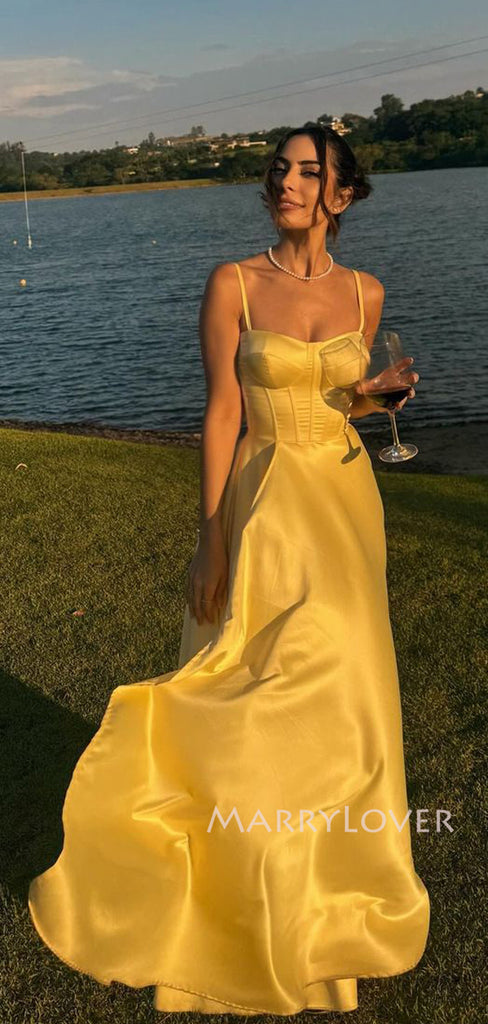 Gorgeous Gold Satin Spaghetti Straps Long Evening Prom Dresses, MR9561