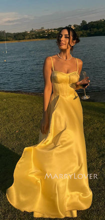Gorgeous Gold Satin Spaghetti Straps Long Evening Prom Dresses, MR9561