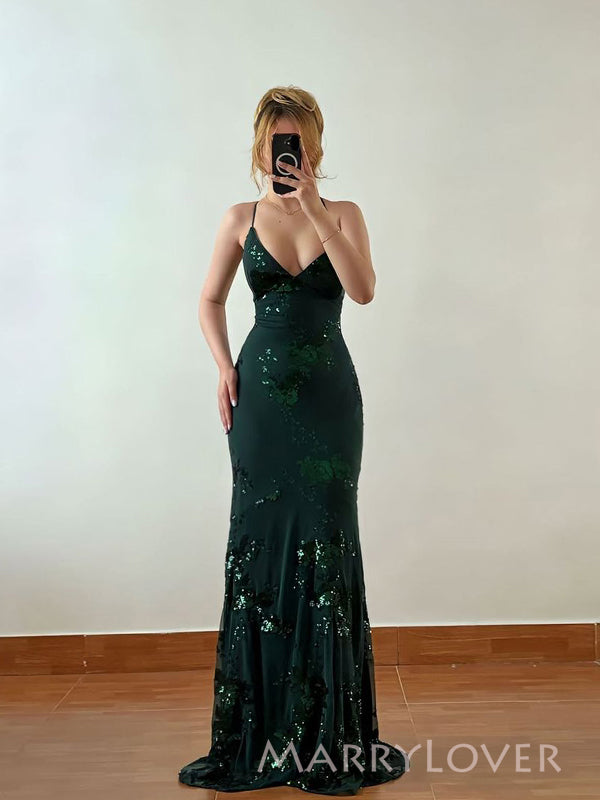 Sexy V-neck Mermaid Dark Green Tulle Appliques Long Evening Prom Dresses, MR9562