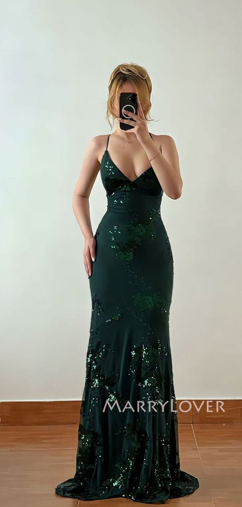 Sexy V-neck Mermaid Dark Green Tulle Appliques Long Evening Prom Dresses, MR9562