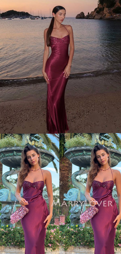 Spaghetti Straps Satin Beaded Mermaid Long Evening Prom Dresses, MR9568