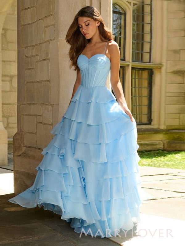 Formal A-line Blue Chiffon Long Evening Prom Dresses, Spaghetti Straps Prom Dress, MR9571