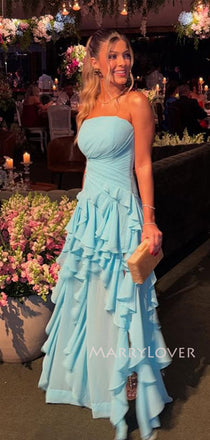 Lovely Blue Chiffon Long Evening Prom Dresses, Strapless Side Slit Prom Dress, MR9572