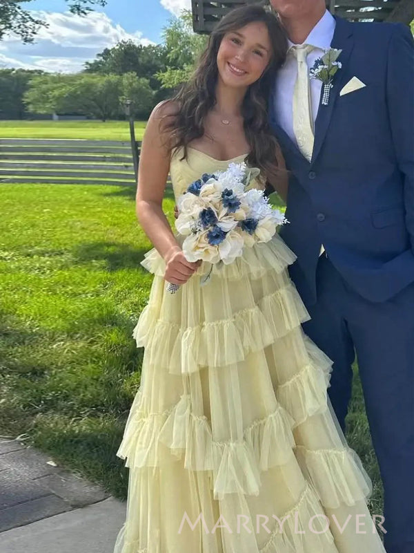 Elegant Spaghetti Straps Yellow Tulle A-line Long Evening Prom Dresses, MR9575