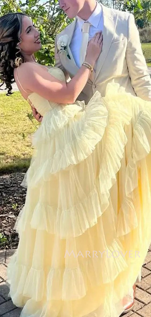 Elegant Spaghetti Straps Yellow Tulle A-line Long Evening Prom Dresses, MR9575