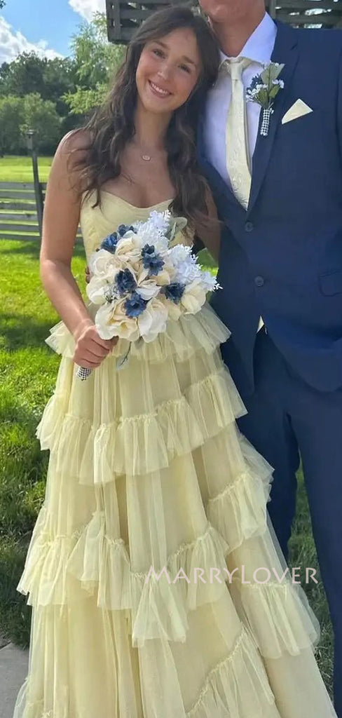 Elegant Spaghetti Straps Yellow Tulle A-line Long Evening Prom Dresses, MR9575