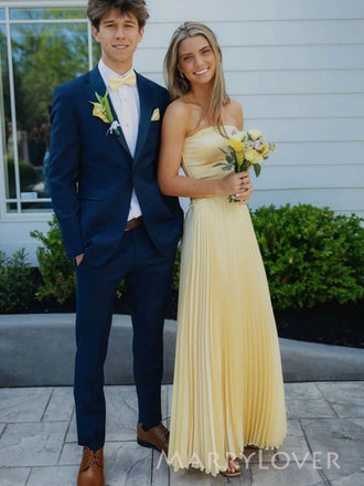 Unique Yellow Chiffon Strapless Long Evening Prom Dresses, MR9576