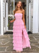 Morden Strapless Pink Chiffon Long Evening Prom Dresses, Side Slit Prom Dress, MR9578