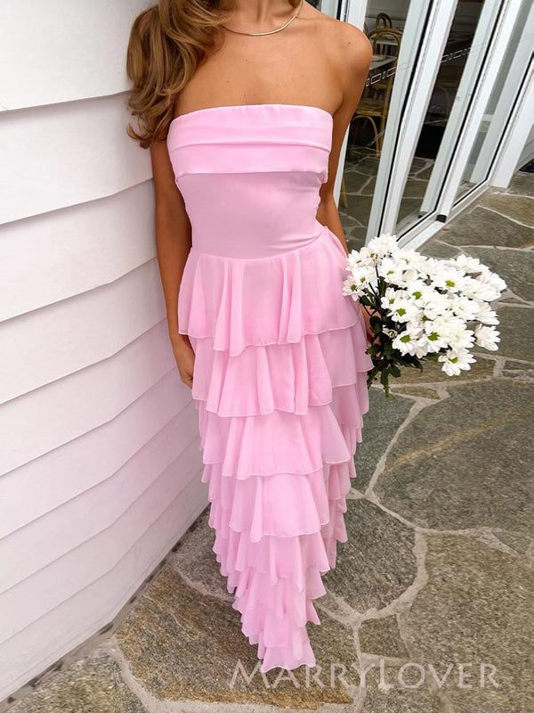 Morden Strapless Pink Chiffon Long Evening Prom Dresses, Side Slit Prom Dress, MR9578