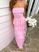 Morden Strapless Pink Chiffon Long Evening Prom Dresses, Side Slit Prom Dress, MR9578