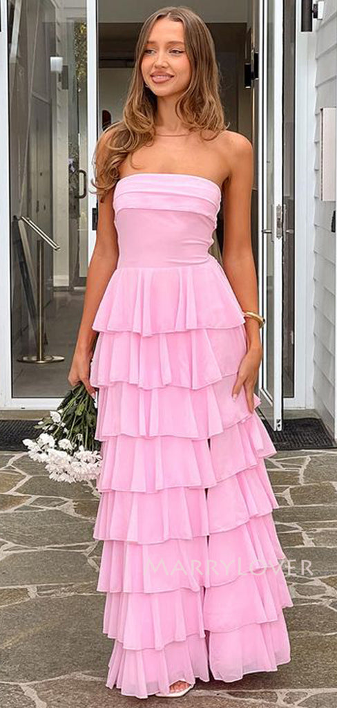 Morden Strapless Pink Chiffon Long Evening Prom Dresses, Side Slit Prom Dress, MR9578