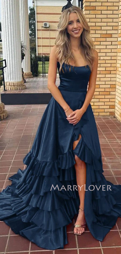 Floor-length Navy Blue High Slit Long Evening Prom Dresses, MR9583