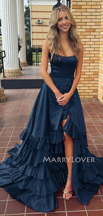Floor-length Navy Blue High Slit Long Evening Prom Dresses, MR9583
