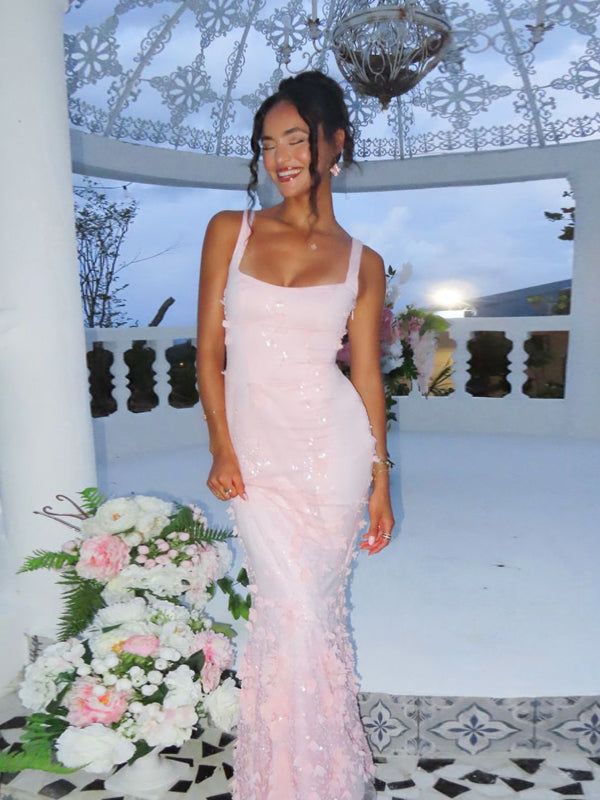 Formal Straps Mermaid Pink Long Evening Prom Dresses, MR9586