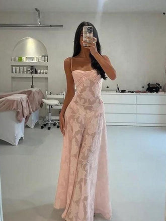 Formal Pink Spaghetti Straps Long Evening Prom Dresses, Backless Prom Dress, MR9587