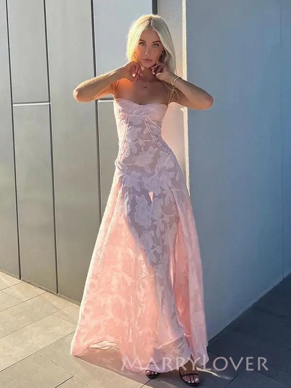 Formal Pink Spaghetti Straps Long Evening Prom Dresses, Backless Prom Dress, MR9587