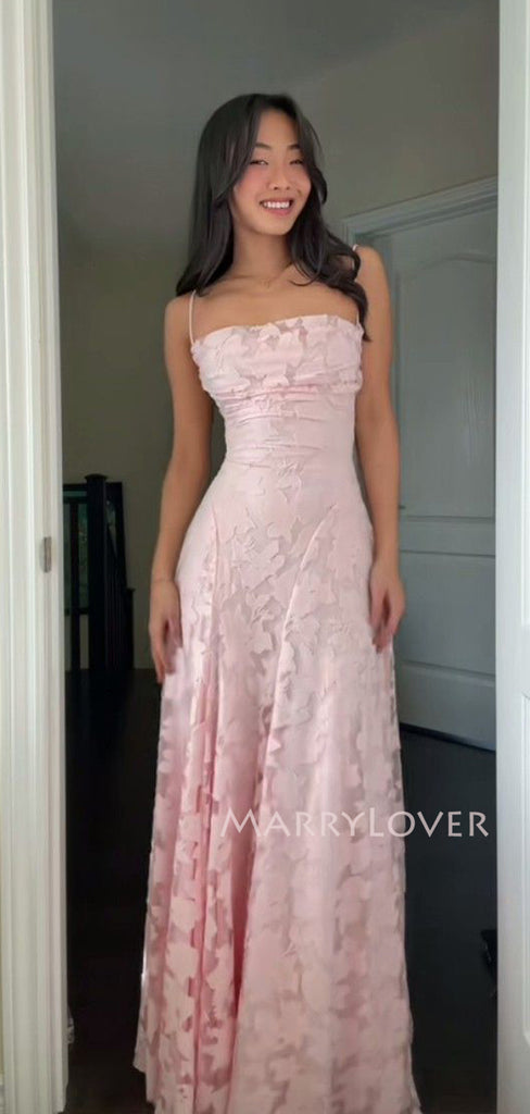 Formal Pink Spaghetti Straps Long Evening Prom Dresses, Backless Prom Dress, MR9587