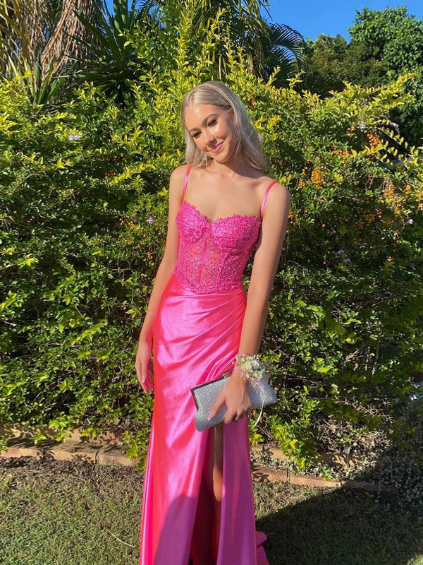 Mermaid Hot Pink High Slit Long Evening Prom Dresses, MR9592