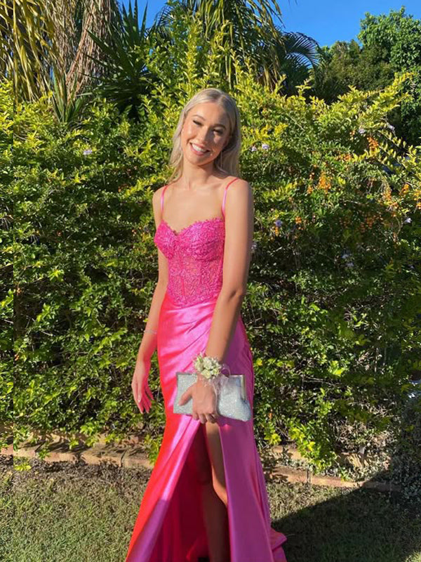 Mermaid Hot Pink High Slit Long Evening Prom Dresses, MR9592
