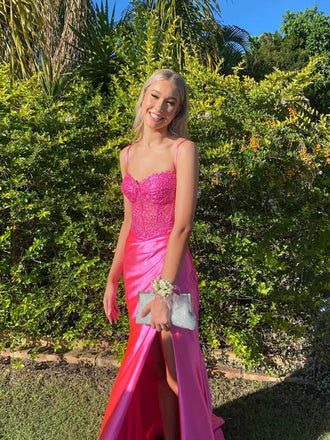 Mermaid Hot Pink High Slit Long Evening Prom Dresses, MR9592