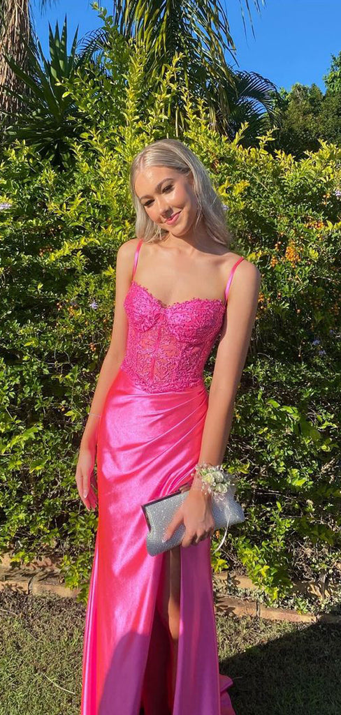 Mermaid Hot Pink High Slit Long Evening Prom Dresses, MR9592