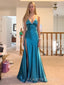 Sexy V-neck Blue Satin Side Slit Long Evening Prom Dresses, MR9593