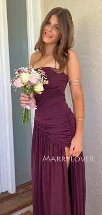 Strapless Chiffon Side Slit Long Evening Prom Dresses, MR9594