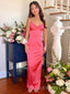 Simple Hot Pink Satin V-neck Long Evening Prom Dresses, MR9595