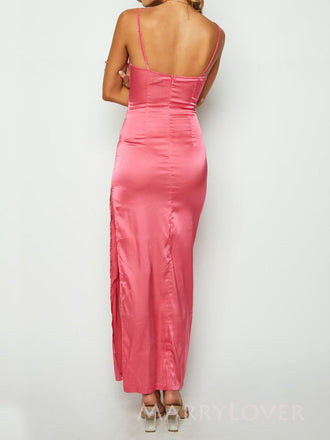 Simple Hot Pink Satin V-neck Long Evening Prom Dresses, MR9595