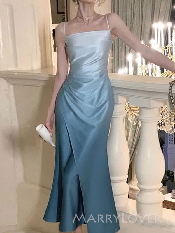 Unique Blue Satin Mermaid Long Evening Prom Dresses, MR9598