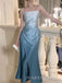 Unique Blue Satin Mermaid Long Evening Prom Dresses, MR9598