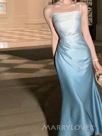 Unique Blue Satin Mermaid Long Evening Prom Dresses, MR9598