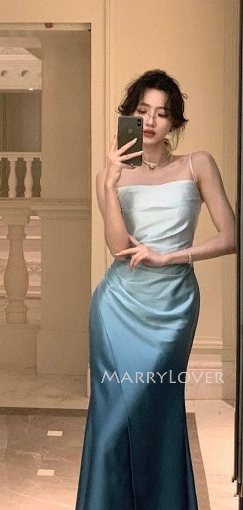 Unique Blue Satin Mermaid Long Evening Prom Dresses, MR9598