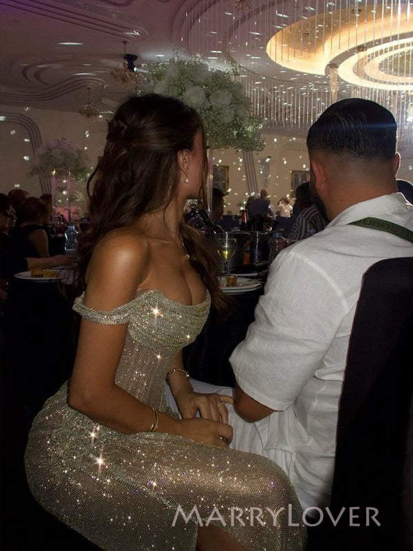 Sparkly Off Shoulder Mermaid Silver Grey Long Evening Prom Dresses, MR9600