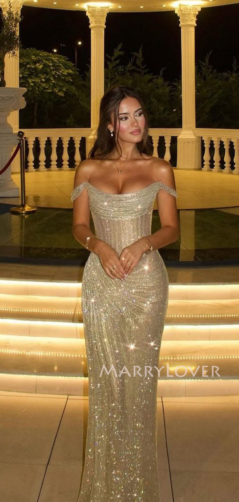 Sparkly Off Shoulder Mermaid Silver Grey Long Evening Prom Dresses, MR9600