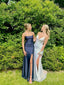 Simple Spaghetti Straps Navy Blue Long Evening Prom Dresses, MR9602