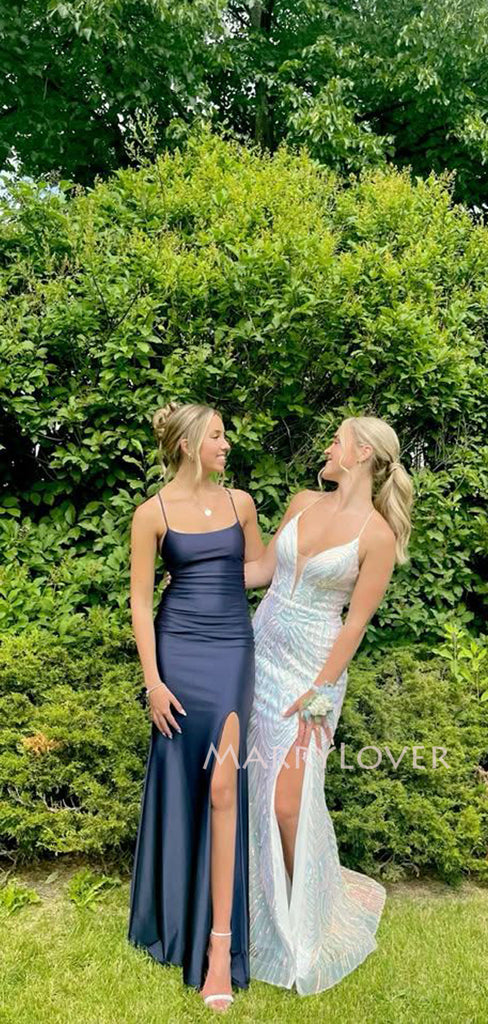 Simple Spaghetti Straps Navy Blue Long Evening Prom Dresses, MR9602