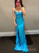 Spaghetti Straps Blue Satin Appliques Bateau Long Evening Prom Dresses, MR9603